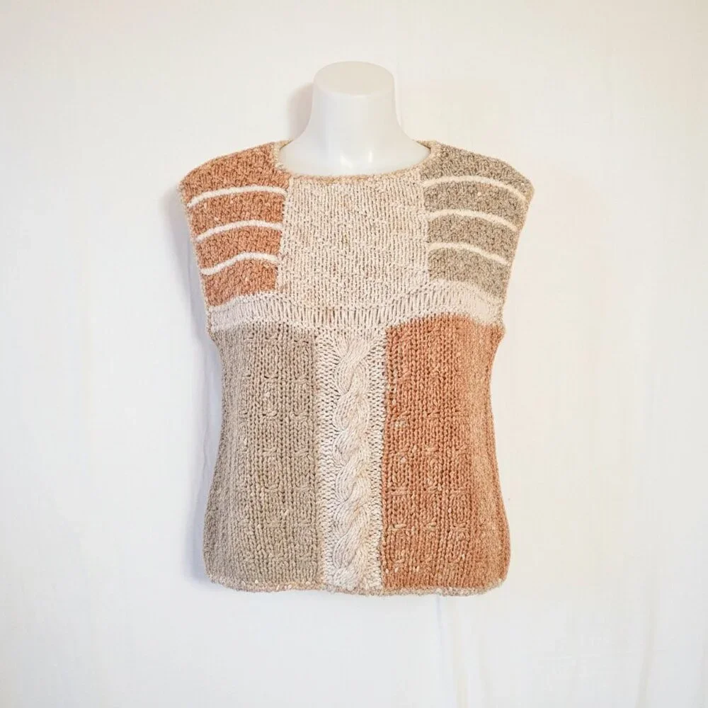 Liz Claiborne Vintage Silk Blend Patchwork Knit Sweater Vest Tan Green Large‎